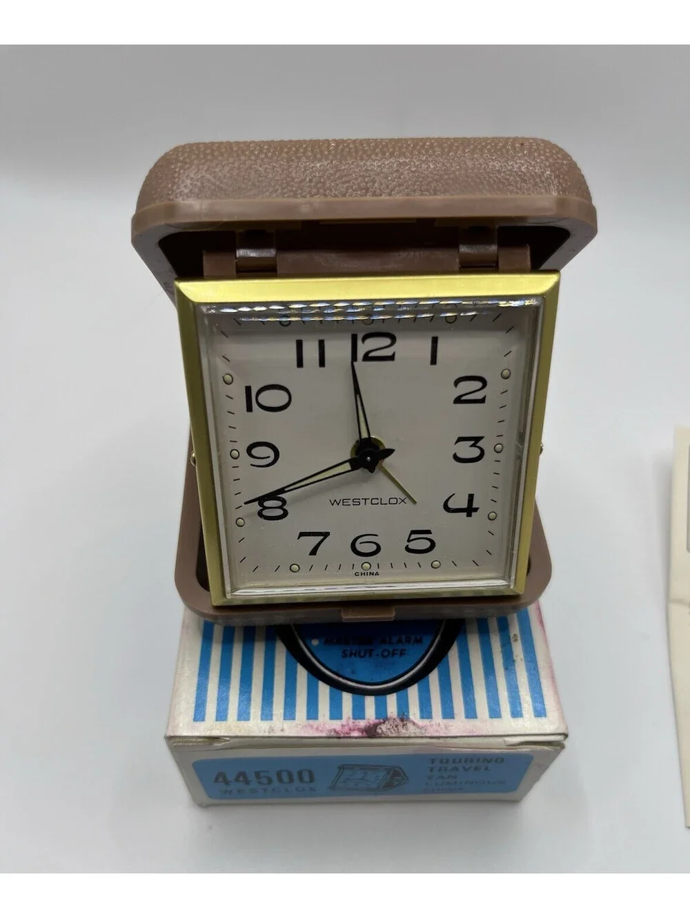 Westclox Folding Travel Alarm Clock Vintage Brown Clamshell In Box Works 3111.2